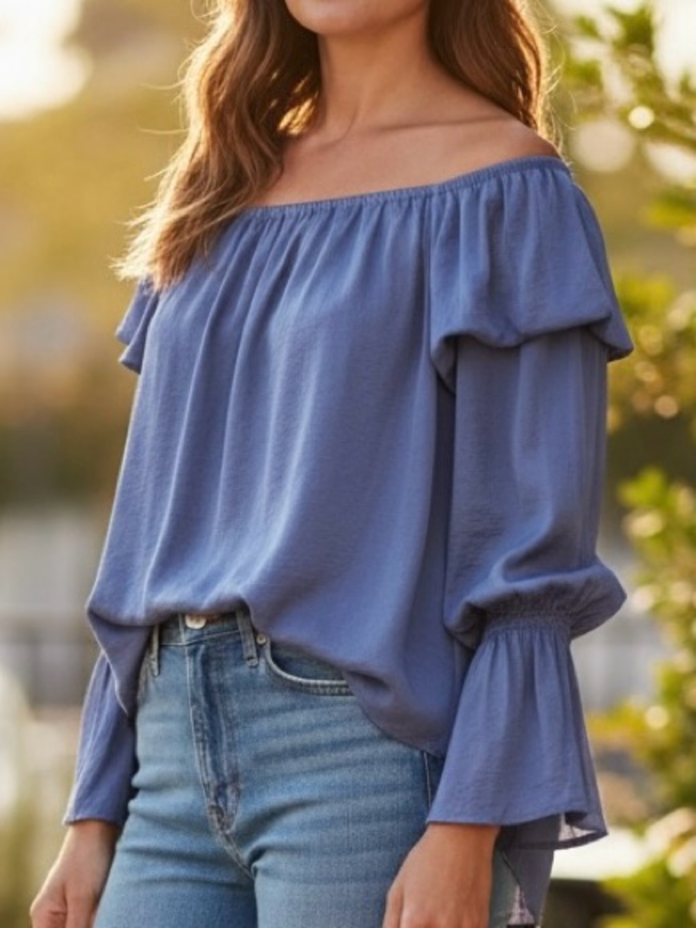 Belle & Sky Puff Sleeve Cold Shoulder Blouse • Size S • Sea Blue
